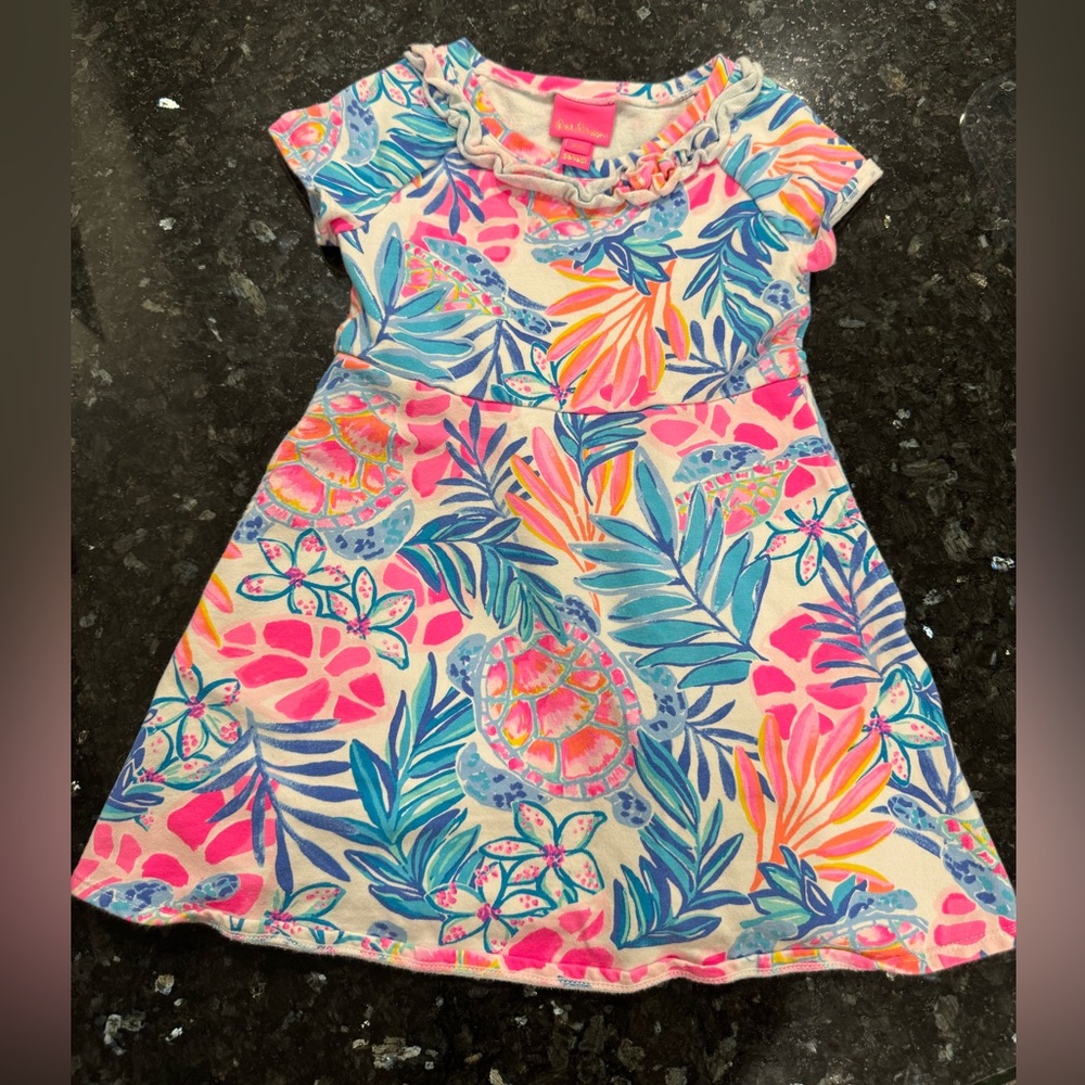 Lilly Pulitzer Girls Tropical Turtle Print Dress - Pink, Blue, Orange, Yellow